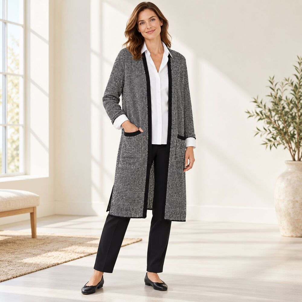 J Jill Wearever Long Textured Tweed Cardigan Medium Tall Black Open Front Pocket